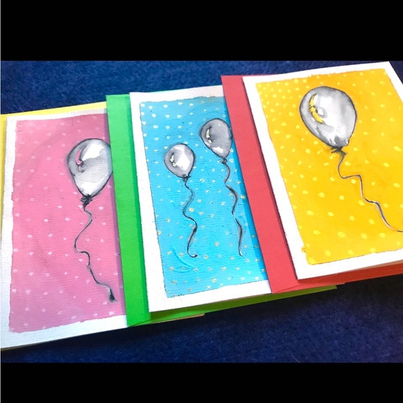 Painted Balloon Card Set of 3. Blank Inside. Pen, Ink, Paint. Any Occasion Cards - Picture 3 of 5